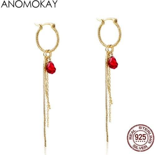 Anomokay Original Design Gold Color Tassel Drop Earrings for Valentines Day Gift 925 Sterling Silver Red Crystal Earring