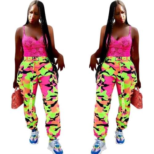 Casual Camouflage Trousers High Waist Pants Women Streetwear Multi Pockets with Belt Pencil Pants Women Loose Sweatpants Cotton