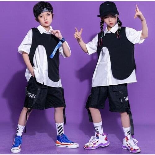 Kids Hip Hop Dance Clothes Handsome White Shirt Short Sleeves Black Vest Shorts Boys Street Wear Girls Jazz Dance Costume BL6621