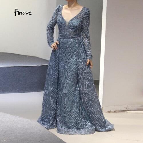 Finove Dubai Muslim Blue Luxury Long elegant Evening Dresses 2020 Crystal Mermaid Evening Gowns Plus Size