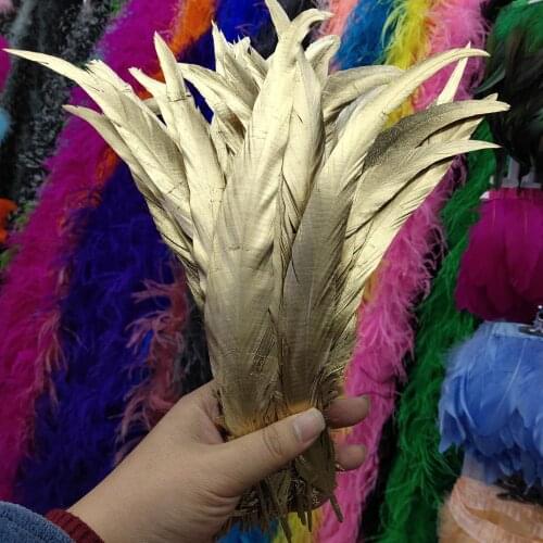 Hot 100/500pcs Beautiful Double Sided Golden Yellow Rooster tail feather 10-12inch/25-30cm For Decorative Accessories