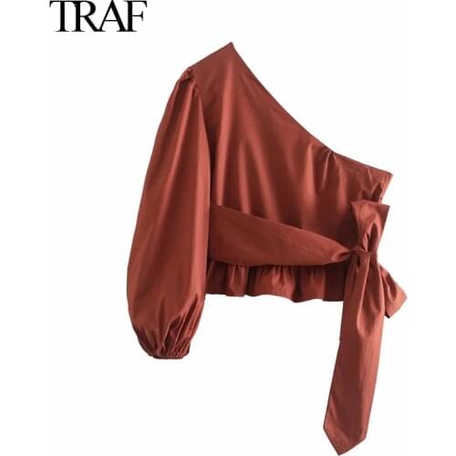 TRAF Womens Clothes Za 2021 Summer Blouse Oblique Collar Off-shoulder Unilateral Puff Sleeve Long-Sleeved Waist Slimming Shirt