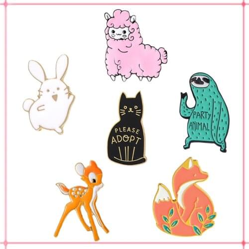 Cute Rabbit Fox Sloth Deer Cat Sheep Brooches Pins Funny Animal Enamel Pins for Kids Creative Clothes Backpack Metal Badges Gift