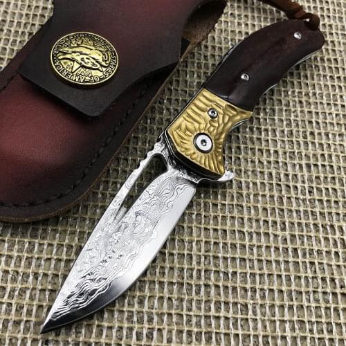 Multi Tactical Hunting Folding Knife VG10 Damascus Blade Sandalwood + Brass Handle Outdoor Travel Tools Home Sharp Fruit Knife