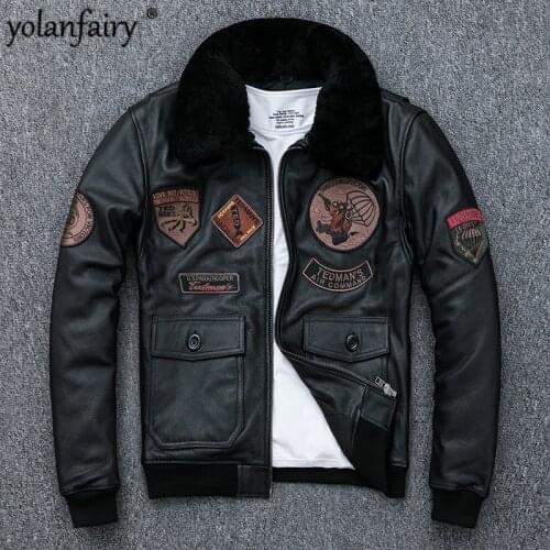 AYUNSUE Real Genuine Leather Jacket Men 2020 Autumn Winter Cow Leather Coat Wool Fur Collar Cowhide Flight Jacket Parka KJ4957