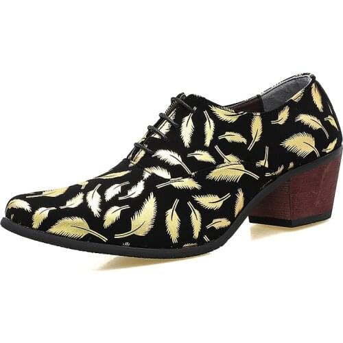 Mens Pointed Toe Leaf Printed Wingtip Chunky Cuban Heel Wedding Party Club Formal Dress Shoes 3Colors