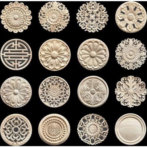 20cm Carved Flower Carving Round Wood Appliques for Furniture Cabinet Unpainted Wooden Mouldings Decal Decorative Figurine
