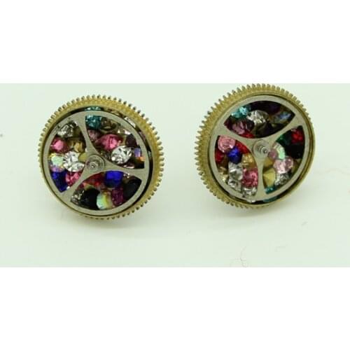 Steampunk Earrings Post Gear Earring Rhinestone Jewelry Handmade Vintage Accessories