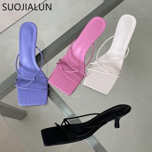 SUOJIALUN 2021 New Summer Slippers Thin Low Heels Slides Fashion Narrow Band Square Toe Sandal Shoes Ladies Elegant Flip Flops