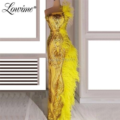 Yellow Feather Arabic Evening Dresses 2019 New Arrival Strapless Long Prom Dress Abiye Gece Elbisesi Dubai Turkish Party Gowns