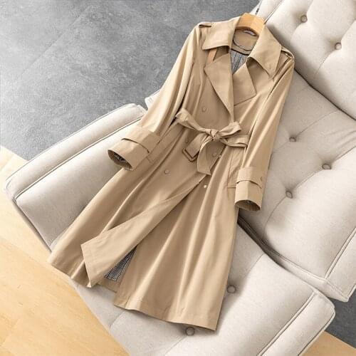 Windbreaker 2021 New Autumn and Winter Medium and Long Womens Korean Fashion Double Breasted Solid Color Waist Close Slim No