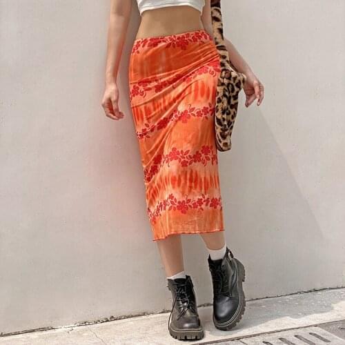 Harajuku street Kawaii floral Tie dye skirts Woman clothes y2k Casual ruffle Bohemian style summer skirts Midi skirt Straight
