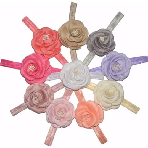 20pcs/lot satin chiffon flower with rhinestone hair headband headwrap Hair Accessory satin rose chiffon flower with bead pearls