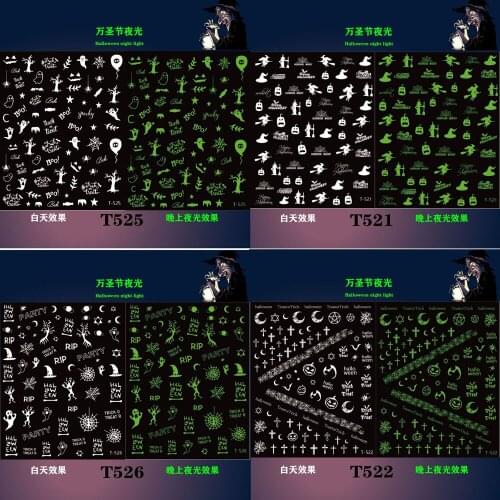 3D Halloween Nail Art Slider Glow In The Dark Luminous Nail Sticker Pumpkin Spider Star Moon Decorations Bat Ghost Skull Decals