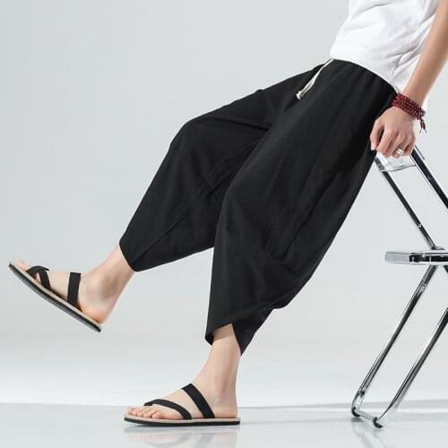 Summer Cotton Harem Pants Men Casual Hip Hop Trousers Cross Bloomers Calf-Length Pants Joggers Streetwear
