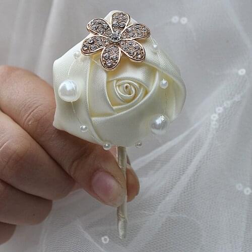 Ivory Rose Flower Pearl Crystal Groom Boutonniere Wedding Party Prom Man Suit Corsage Pin Satin Buttonhole X848-J