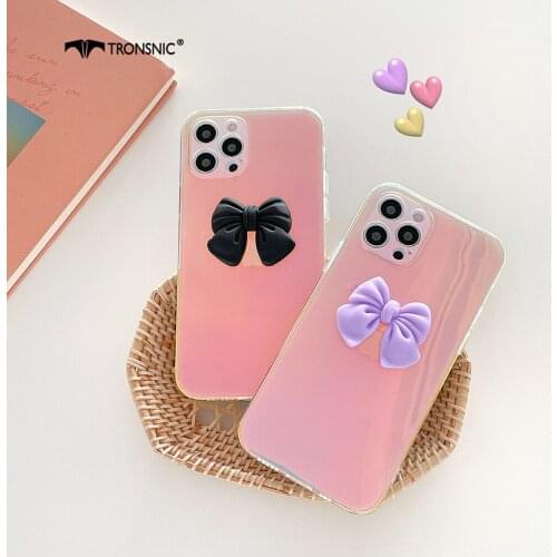 Laser Bow Knot Phone Case for iPhone 12 11 Pro Max XR Xs MAX Soft Shiny 3D Gradient Purple Case for iPhone 7 8 Plus Mirror Cover