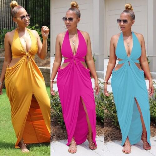 Women Halter V-neck Open Back Split Irregular Maxi Dress Sexy Party Club Floor Length Beach Long Dresses Vestidos RH873