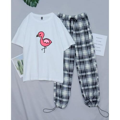 Flamingo Home Clothes for Women Plaid Pants Pajamas for Women Sleepwear Autumn Pyjamas Pigiama Kawaii Plus Size Home Suit Girls