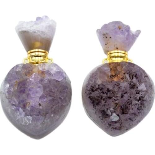 Heart Perfume Bottle pendant Amethysts Druzy Gems stones Gold color plated vial diffuser Crystal Charms for Necklaces LOVE Gift