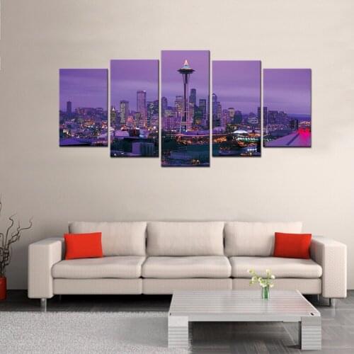 The City Night View Modern Landscape Artwork Purple Sunset Sight Print on Canvas Wall Art Decor for Bedroom Decorations Unframed