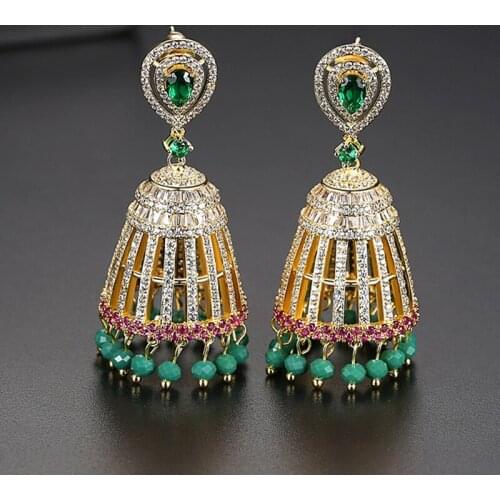 AAA Zircon Rhinestone Indian Jhumka Earrings Beads Bell Drop Dangle Earrings For Women Bridal Wedding Party Jewelry Jhumki Gypsy