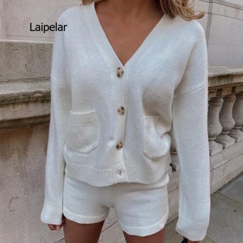 2021 Summer Autumn Sweater Sets Oversize Loose White Knitted Cardigans Korean Outwear and Knitted Shorts Two Pc Sets