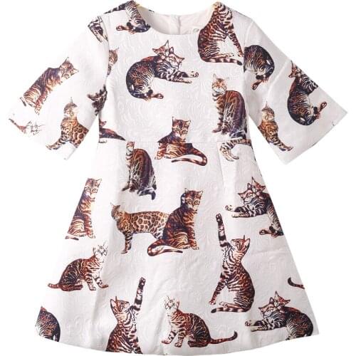 2021 Children Stylish Dress White Printed Cat Cheetah Animal A-Line Half Sleeves for Age 2 3 4 5 6 8 10 12 Years Girl