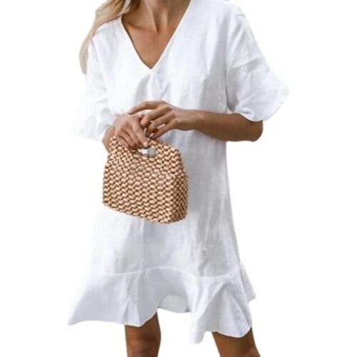 New Fashion Summer Dress Womens White Plain Ruffle Cuffs Hem Short Sleeve Miniskirt Outdoor Traveling Beach Dress