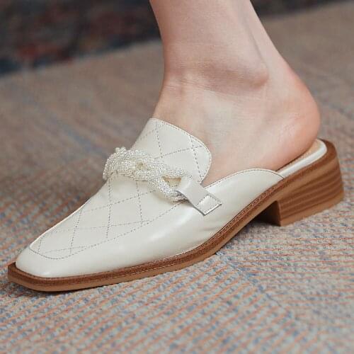 Womens genuine leather square toe slip-on flats mules beading bowtie decoration casual summe slides high quality daily shoes