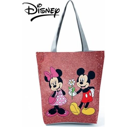 Disney Mickey Minnie Printed Handbag Portable Shoulder Bag Cartoon High Capacity Shopping Bag Red Storage Bag Women Beach Bag