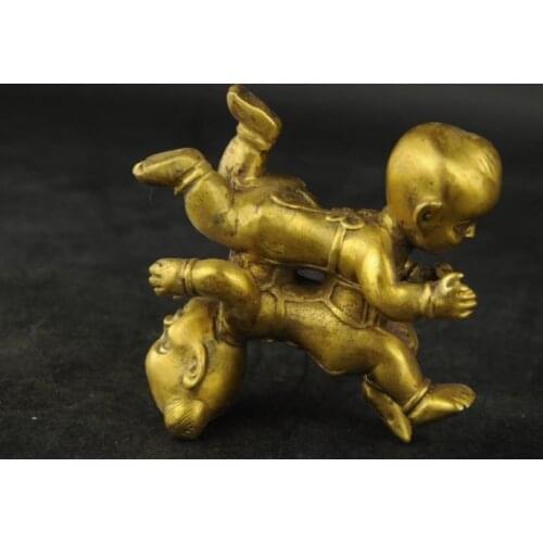 Exquisite Interesting Chinese brass Wealth Double Tongzi Kid Dance Up And Down Statue Sculpture