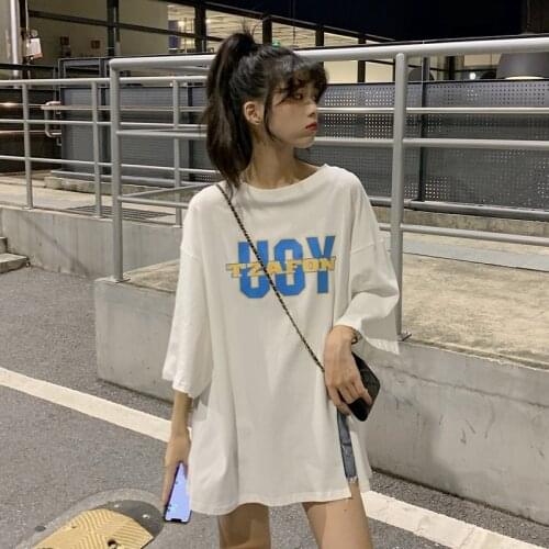 Summer half-sleeved letter printing short-sleeved t-shirt womens round neck loose and thin college style T-shirt