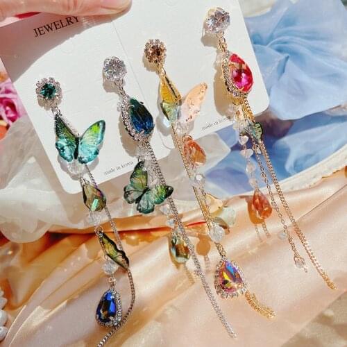 MENGJIQIAO Fashion Korean Colorful Butterfly Long Tassel Drop Earrings For Women Waterdrop Crystal Holiday Pendientes Jewelry