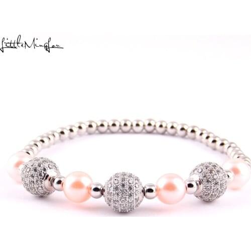 Little MingLou Luxury copper bead women bracelet white CZ ball&pearl Charm Bracelets & Bangles for women Jewelry wedding gift