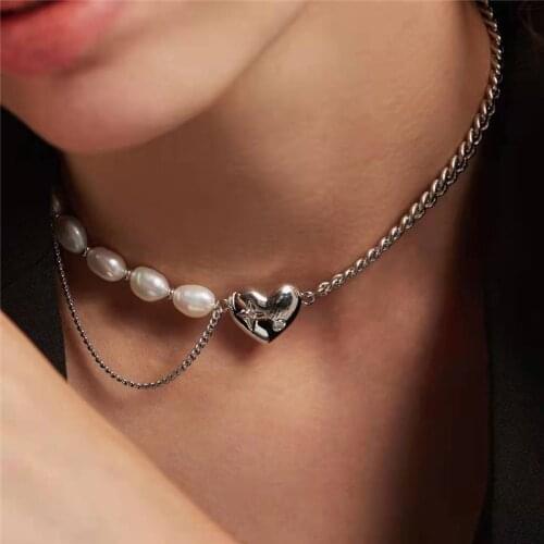Orgin Summer Baroque Love Heart Imitation Pearl Chokers Necklace for Women Fashion Asymmetric Necklace Party Jewelry Accessories