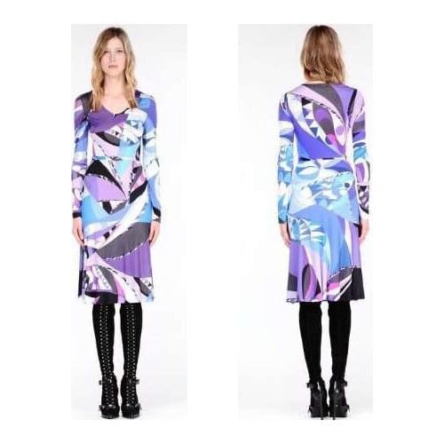 Ladies v-neck splicing printing new elastic thin elastic knitted dress