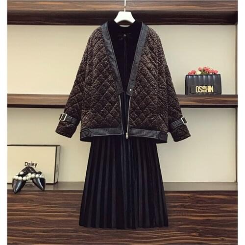 2021 Large size 4xl womens fashion winter new style Korean V-neck cotton coat jacket gold velvet dress two-piece female s100