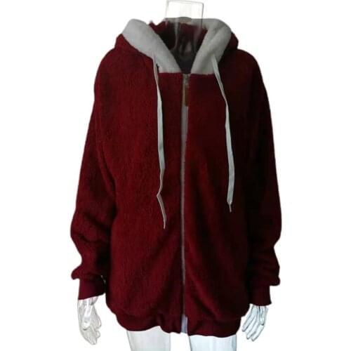 Plus Size Women Coat Solid Color Winter Hooded Fashion Hooded Zipper Jackets Loose Plush Coats Outwear