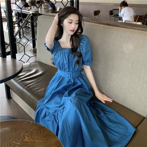 2021 Summer New Style Square Neck Temperament Female Sapphire Blue Bubble Sleeve Long Skirt Ankle Fairy Dress