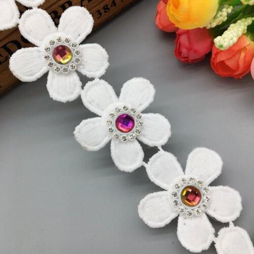 1Yd Variable Color Rhinestone Flowers Lace Trim Indian Style Trimmings Child Dress Applique Clothes Sewing Crafts Hat Decoration