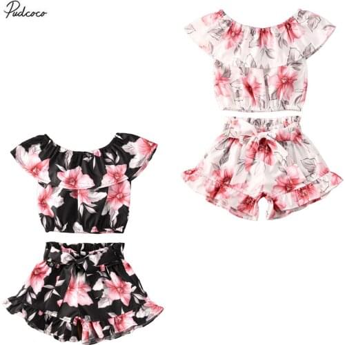 2020 Baby Summer Clothing Toddler Kids Baby Girls Fashion Off Shoulder Sleeveless Floral Print Top + Shorts Outfits