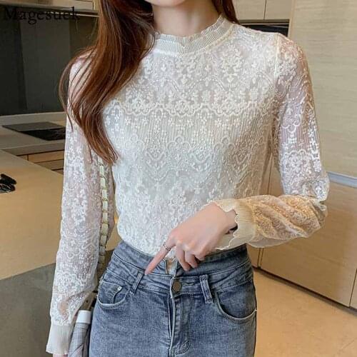 2021 Elegant Ruffle Sweet Womens Blouse Autumn Stand Collar Lace Bottoming Shirt Crochet Flower Long Sleeve Tops Blusas 16558
