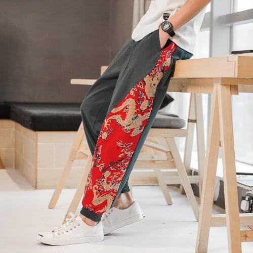 Spring Summer Mens Chinese Style Ankle-length Pants Harem Cotton Linen Loose Trousers Pattern Print M2