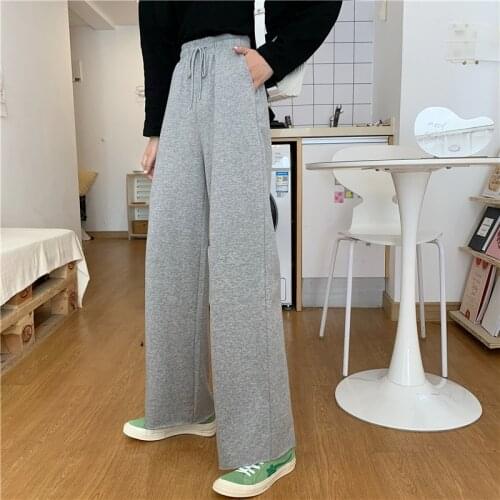 Summer Loose Womens Wide Leg Pants Fashion Solid Casual High Waisted Drawstring Trousers Palazzo Pants Grey Long Pants Femme