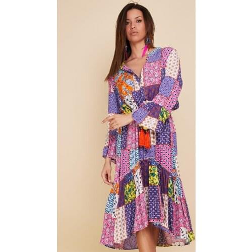 Tasseled Cotton Fabric Asymmetrical Cut Patchwork Boho Dress 2021 Fashion Bohemian Style Authentic Womens Clothing Xs To Xxl