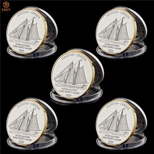 5Pcs 1839 American Civil War Ship Amistad Cinque Silver Sailing Replica Commemorative Coin Collection For Gifts