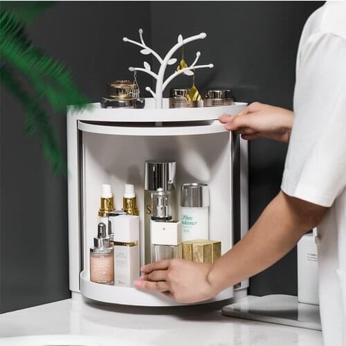 Multifunctional Revolving Triangle Shelf Wall Suction Type Dust-Proof Makeup Organizer Kitchen Bathroom Cosmetics Storage Boxs