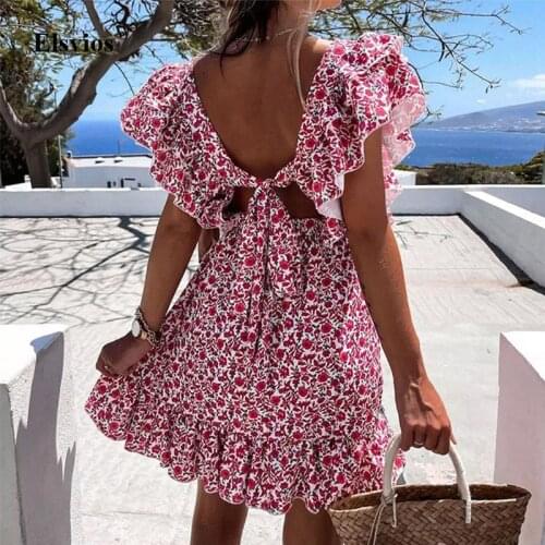 Fashion Summer Floral Print Holiday Beach Dress 2021 Sexy Tie-Up Backless Party Dress Women Ruffle Butterfly Sleeve Mini Dress