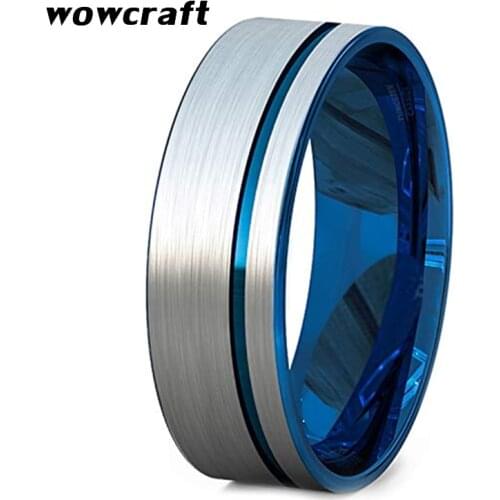 Man Tungsten Carbide Wedding Band Rings Flat 8mm Blue Plated Wide Fashion Ring Top Brushed Finish Comfort Fit Personal Customize